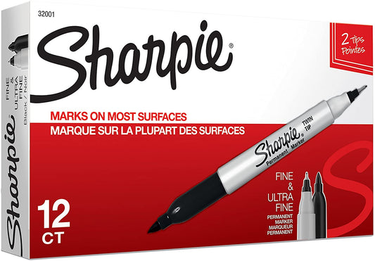 Sharpie Twin Tip Permanent Markers, Fine and Ultra Fine, Black, 12 Count (32001)