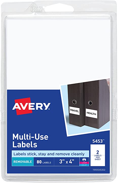 Avery Self-Adhesive Removable Labels, 3 x 4 Inches, White, 80 per Pack (5453)