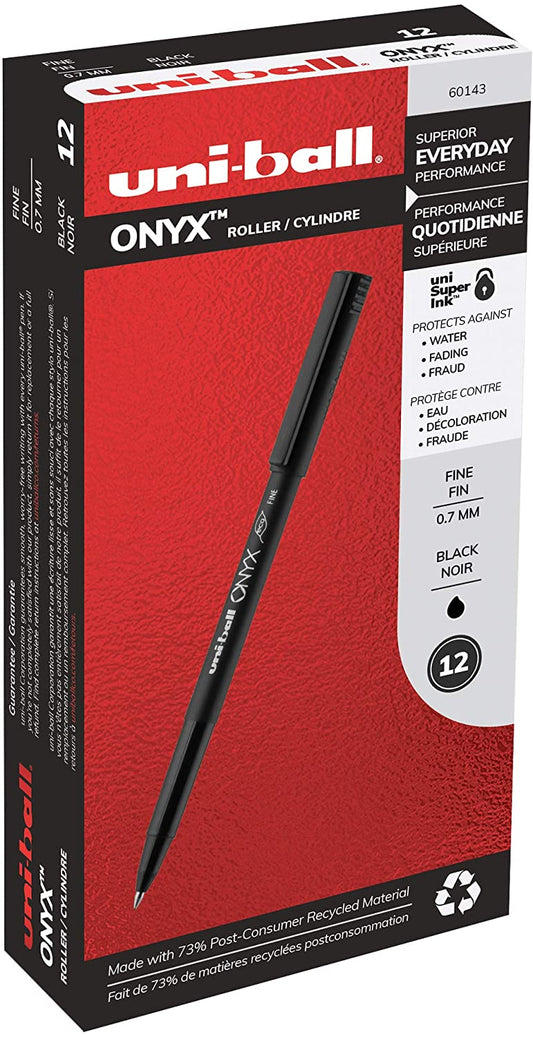 uni-ball Onyx Rollerball Pens Fine Point, 0.7mm, Black, 12 Pack