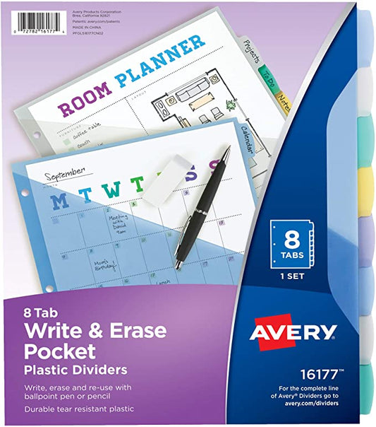 AVERY 8-Tab Plastic Binder Dividers with Pockets. Write & Erase Multicolor Big Tabs. 1 Set (16177)