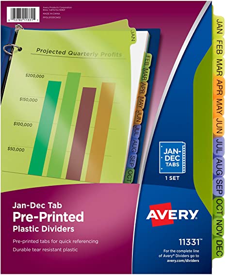 Avery 11331 Preprinted Plastic Tab Dividers, 12-Tab, Letter