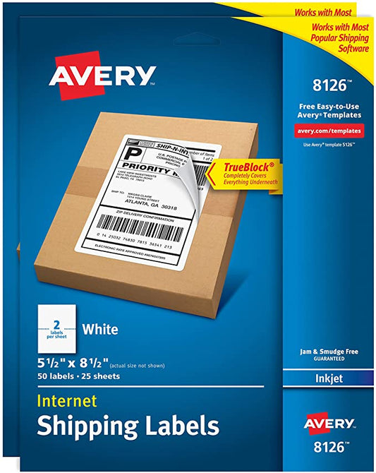 Avery Shipping Address Labels. Inkjet Printers. 100 Labels. Half Sheet Labels. Permanent Adhesive. TrueBlock (2-Pack 8126)