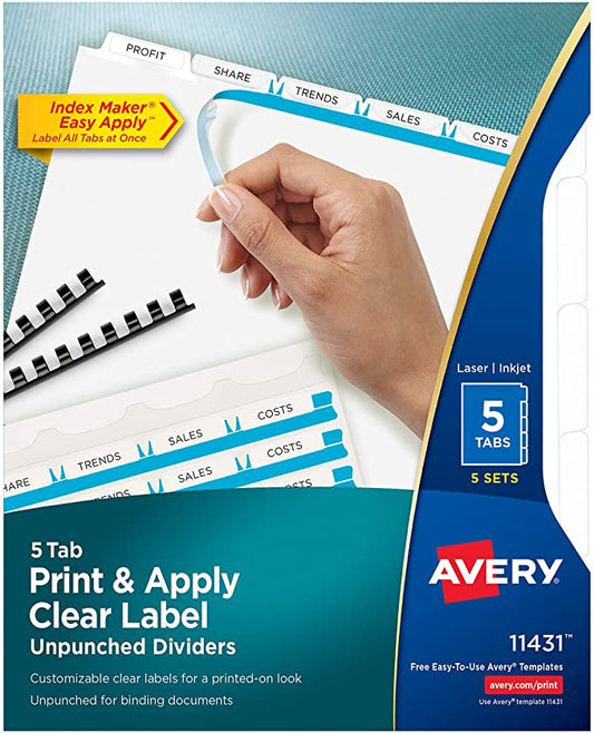 AVERY 5-Tab Unpunched Binder Dividers, Easy Print & Apply Clear Label Strip, Index Maker, White Tabs, 5 Sets (11431)