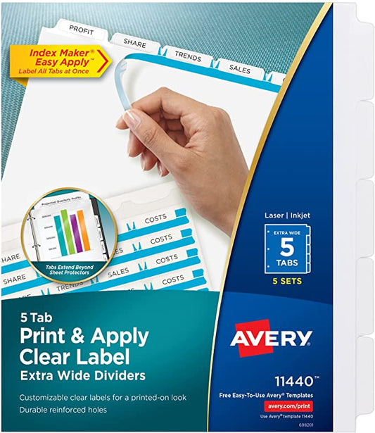 Avery 5 Tab Extra-Wide Dividers for 3 Ring Binder, Perfect for Use with Sheet Protectors, Easy Print & Apply Clear Label Strip, Index Maker Customizable White Tabs, 5 Sets (11440)