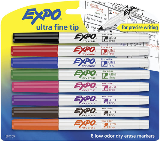 EXPO 1884309 Low-Odor Dry Erase Markers. Ultra Fine Tip. Assorted Colors. 8-Count
