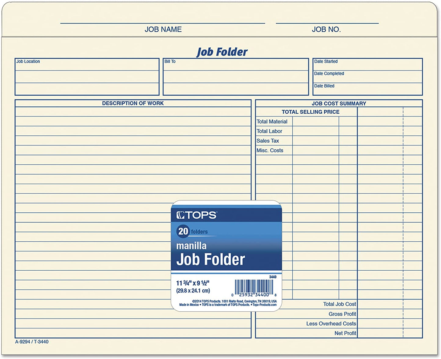 TOPS Job Folder File Jackets, 11.75 x 9.5 Inches, Manila, 20-Pack (3440)