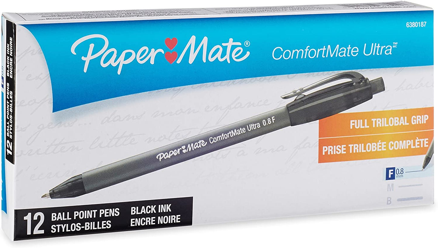 Paper Mate Comfortmate Retractable Fine Point Ballpoint Pens, 12 Black Ink Pens (6380187)