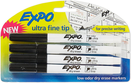 EXPO 1871774 Low-Odor Dry Erase Markers. Ultra Fine Tip. Black. 4 Count. Pack of 1