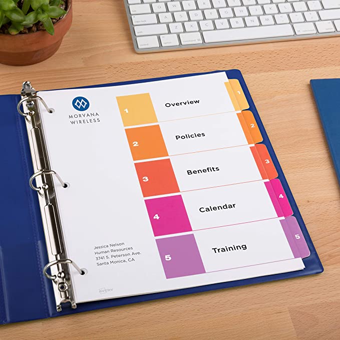 Avery 5-Tab Dividers for 3 Ring Binders, Customizable Table of Contents, Multicolor Tabs, 6 Sets (11187)