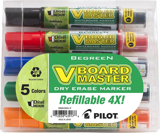 PILOT V Board Master Refillable Dry-Erase Markers, Medium Chisel Tip, Assorted Color Inks, 5 Count