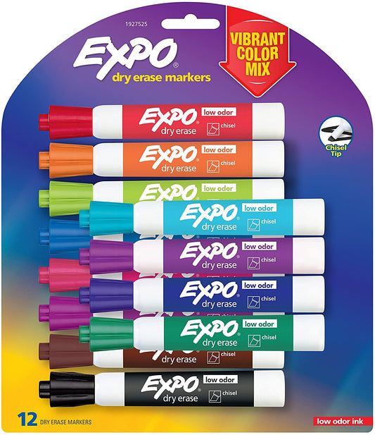 EXPO Low-Odor Dry Erase Markers. Chisel Tip. Vibrant Colors. 12-Count