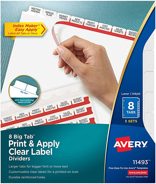 Avery 8 Big Tab Binder Dividers, Easy Print & Apply Clear Label Strip, Index Maker, White Tabs, 5 Sets (11493)