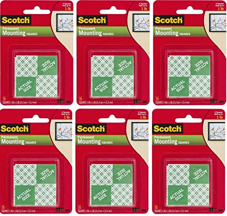 3M Scotch Precut Foam Mounting Squares Heavy Duty. 1 Inch. 6 Pack