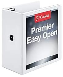Cardinal 3 Ring Binder. 5 Inch Premier Easy Open Binder. ONE-Touch Locking Slant-D Rings. 1.050-Sheet Capacity. ClearVue Covers with Shelf Pull. White