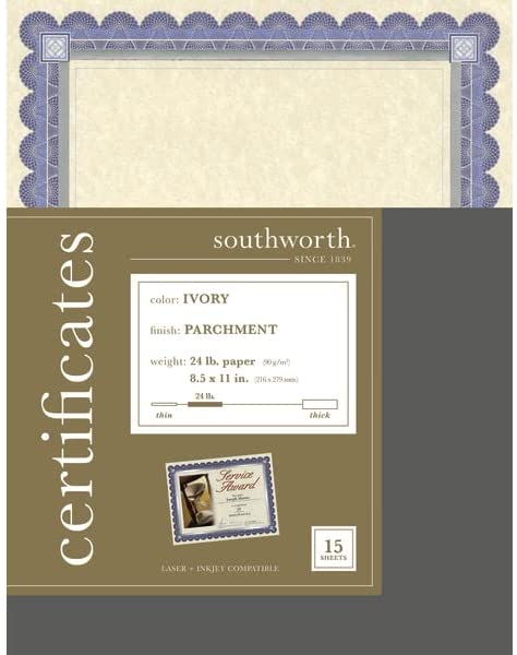 Southworth Foil Enhanced Parchment Certificate, 8.5Ó x 11Ó, 24 lb/90 GSM, Ivory, Blue/Silver Border, 15 Sheets - Packaging May Vary (CT1R)