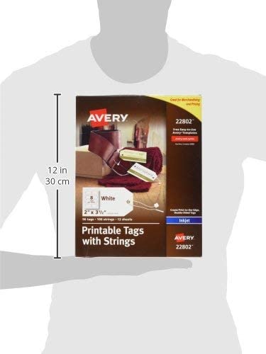 Avery 22802 Printable Tags for Inkjet Printers Only, Tags With Strings, 2" x 3.5", 96 Tags, Sold as 3 Pack, 288 Tags Total