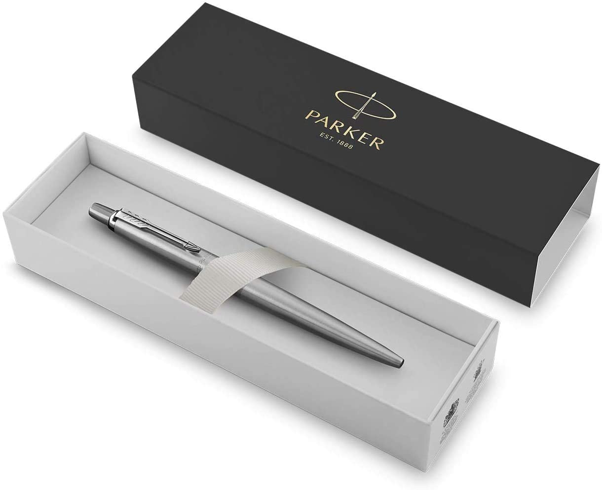 Parker 1953170 Jotter Ballpoint Pen. Stainless Steel with Chrome Trim. Medium Point Blue Ink. Gift Box