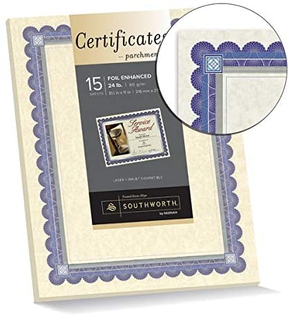 Southworth Foil Enhanced Parchment Certificate, 8.5Ó x 11Ó, 24 lb/90 GSM, Ivory, Blue/Silver Border, 15 Sheets - Packaging May Vary (CT1R)