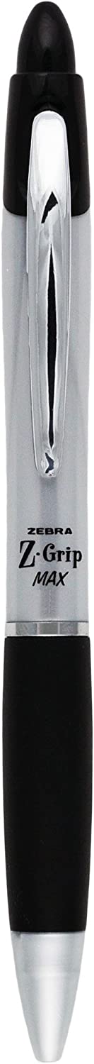Zebra Pen Z-Grip MAX Retractable Ballpoint Pen, Medium Point, 1.0mm, Silver Barrel, Black Ink, 12 Pack