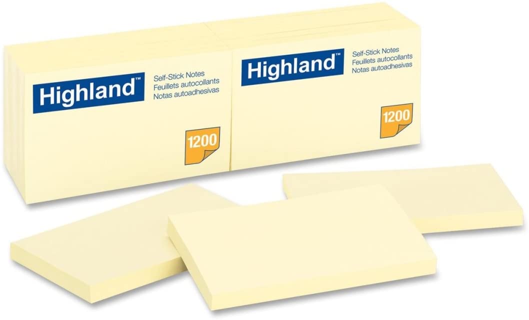 Highland 6559YW Self-Stick Notes, 3 x 5, Yellow, 100-Sheet, 12/Pack