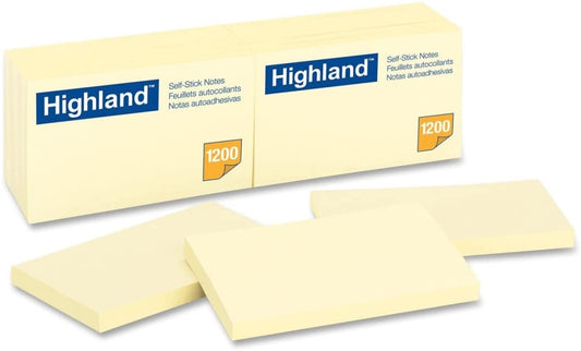 Highland 6559YW Self-Stick Notes, 3 x 5, Yellow, 100-Sheet, 12/Pack