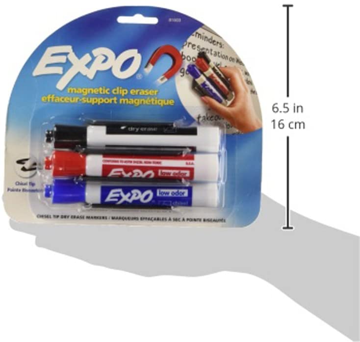 EXPO 81503 Magnetic Low Odor Markers. Chisel Tip. Assorted Colors. 3-Count with Magnetic Clip