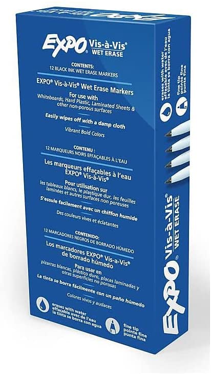 Expo Vis-a-Vis Wet-Erase Marker, Fine Point, Black Ink, Dozen (SAN16001)