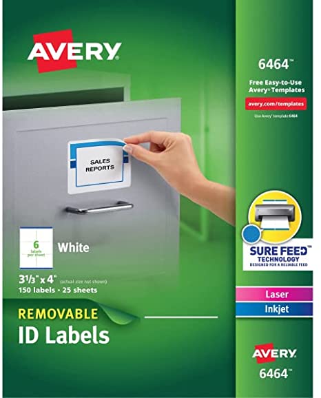 Avery Removable 3-1/3 x 4 Inch White ID Labels 150 Pack (6464)
