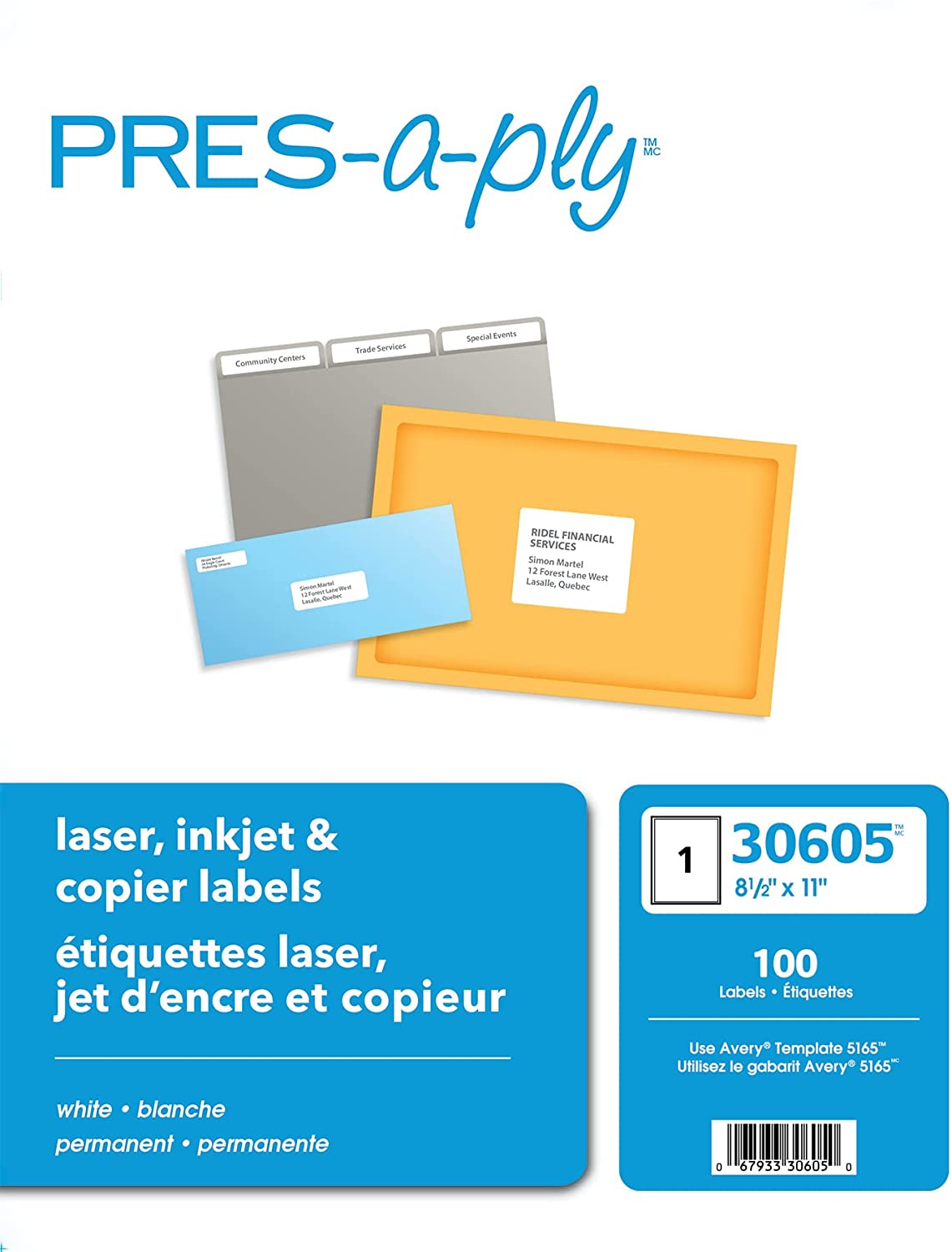 PRES-a-ply Laser Address Labels. 8.5 x 11 Inches. White. Box of 100 (30605)
