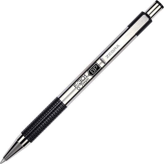 Zebra Pen F-301 Ballpoint Stainless Steel Retractable Pen. Fine Point. 0.7mm. Black Ink. 12-Count (27110)
