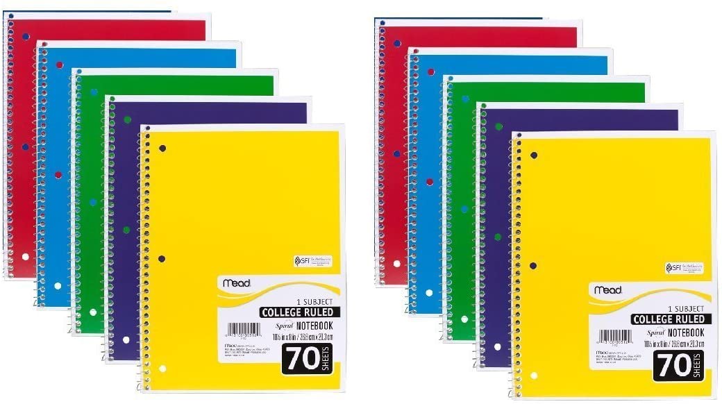Mead College Ruled Spiral Notebook. 1 Subject. 70 Sheets. 8 x 10.5-inch. Assorted Colors. 10 Notebooks
