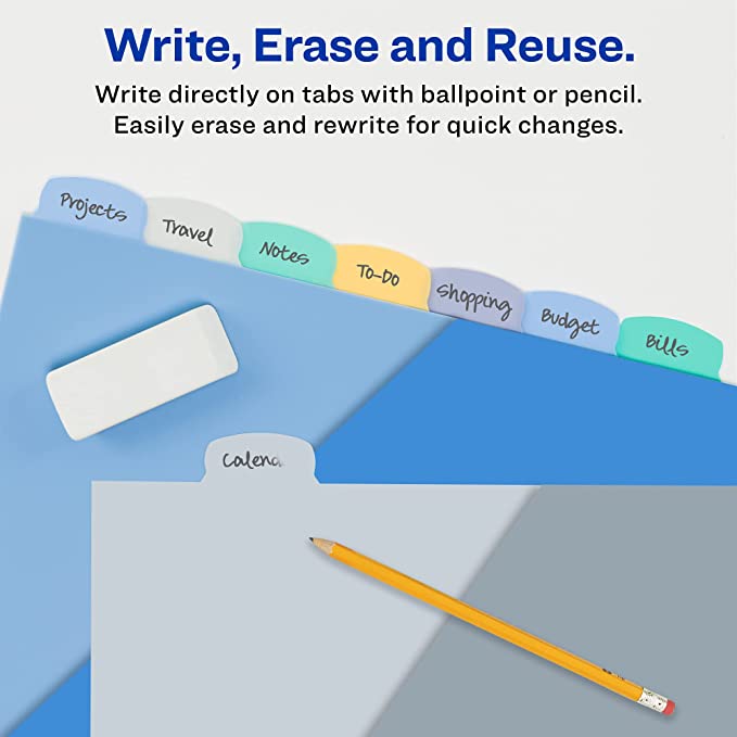 Avery Write & Erase Pocket Plastic Dividers for 3 Ring Binders. 8-Tab Sets. Multicolor. 3 Binder Divider Sets (31701)