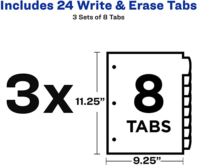 Avery Write & Erase Pocket Plastic Dividers for 3 Ring Binders. 8-Tab Sets. Multicolor. 3 Binder Divider Sets (31701)