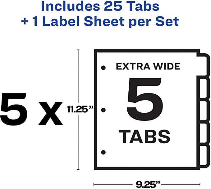 Avery 5 Tab Extra-Wide Dividers for 3 Ring Binder, Perfect for Use with Sheet Protectors, Easy Print & Apply Clear Label Strip, Index Maker Customizable White Tabs, 5 Sets (11440)
