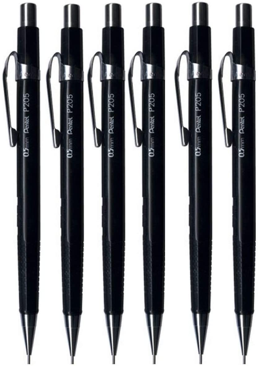 Pentel 0.5mm (P205) Black P200 Series Automatic Mechanical Drafting Pencil Refillable Lead Eraser P205-A (Pack of 6)