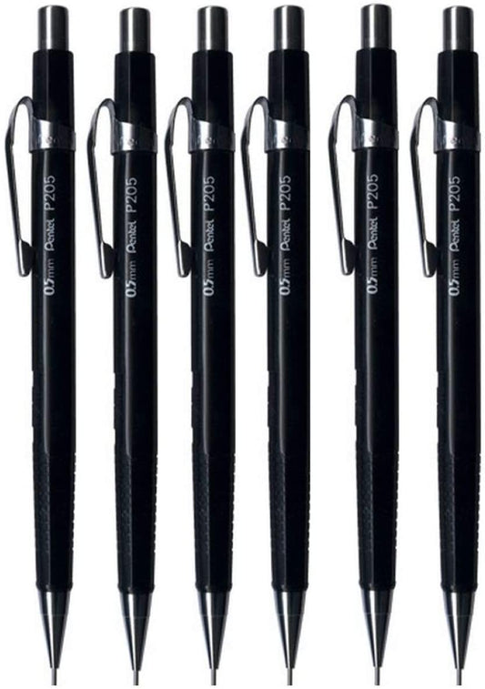 Pentel 0.5mm (P205) Black P200 Series Automatic Mechanical Drafting Pencil Refillable Lead Eraser P205-A (Pack of 6)