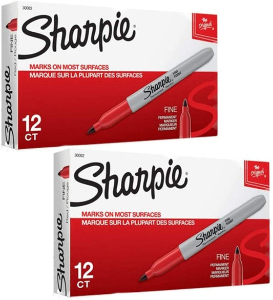 Sharpie 30002 Fine Point Permanent Marker. Marks On Paper and Plastic. Resist Fading and Water. AP Certified. Red Color. Pack Of 2 Boxes Of 12 Markers