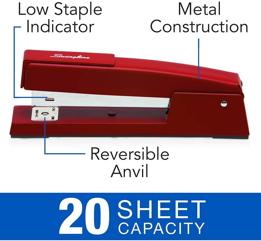 Swingline Stapler. 747 Classic Desktop Stapler. 20 Sheet Capacity. Metal. Lipstick Red