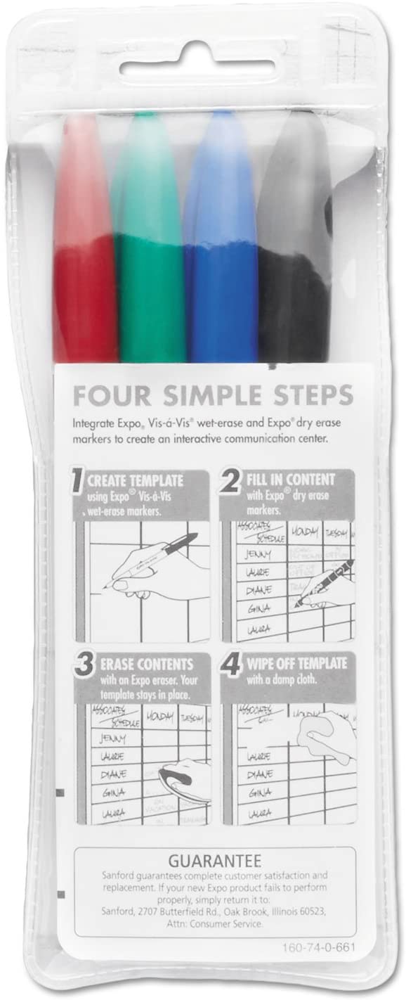 EXPO 16074 Vis-a-Vis Wet-Erase Marker Fine Point Asstd. 4/Set