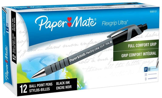 Paper Mate 9580131 FlexGrip Ultra Retractable Ballpoint Pen, Fine Point, Black, 12-Count