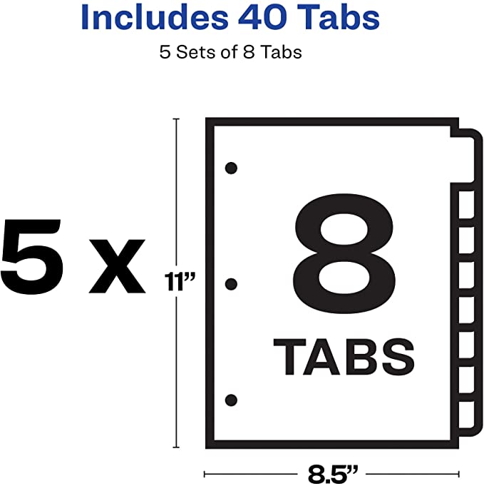 Avery 8 Tab Dividers for 3 Ring Binder, Easy Print & Apply Clear Label Strip for Copiers, Index Maker Customizable White Tabs, 5 Sets (11422)