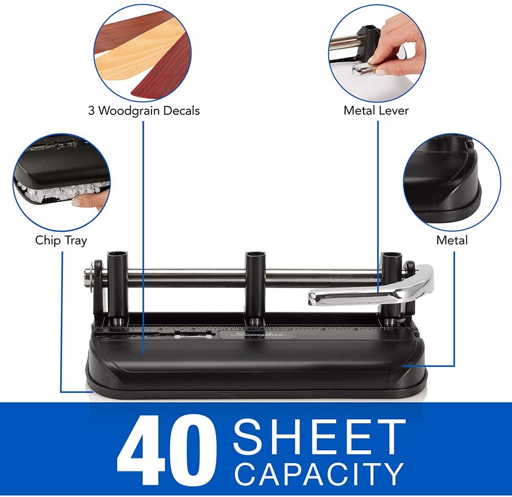 Swingline 2-7 Hole Punch, Adjustable, Heavy Duty Hole Puncher, 40 Sheet Punch Capacity, Chrome/Black/Woodgrain (74400)