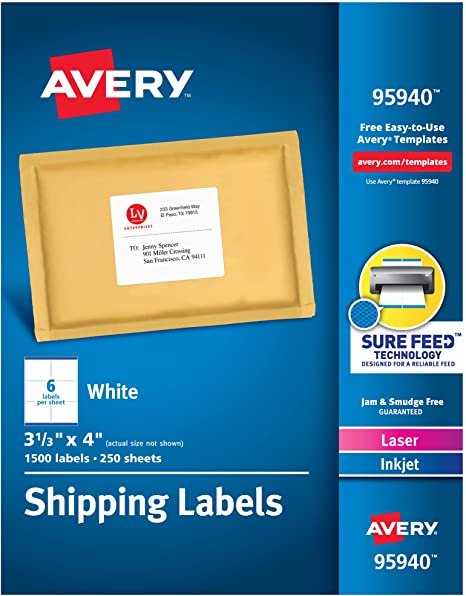 Avery Shipping Labels 3-1/3" x 4", Box of 1,500 (95940)