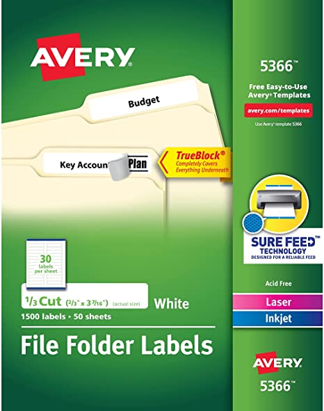 Avery File Folder Labels for Laser and Ink Jet Printers with TrueBlock Technology, 3.4375 x .66 inches, White, Box of 1500 (5366)