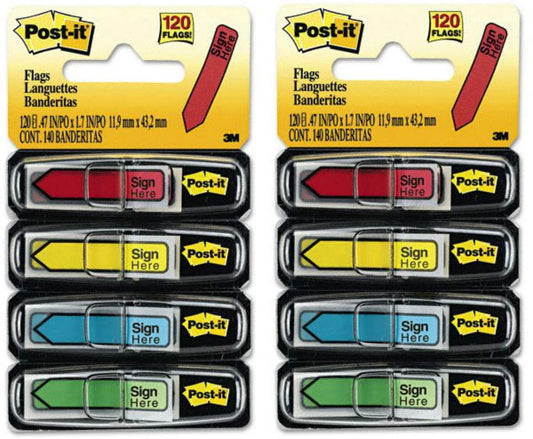 Post-it : Arrow Flags. "Sign Here". 4 Colors with Dispensers. 120 per Pack -:- Sold as 2 Packs of - 120