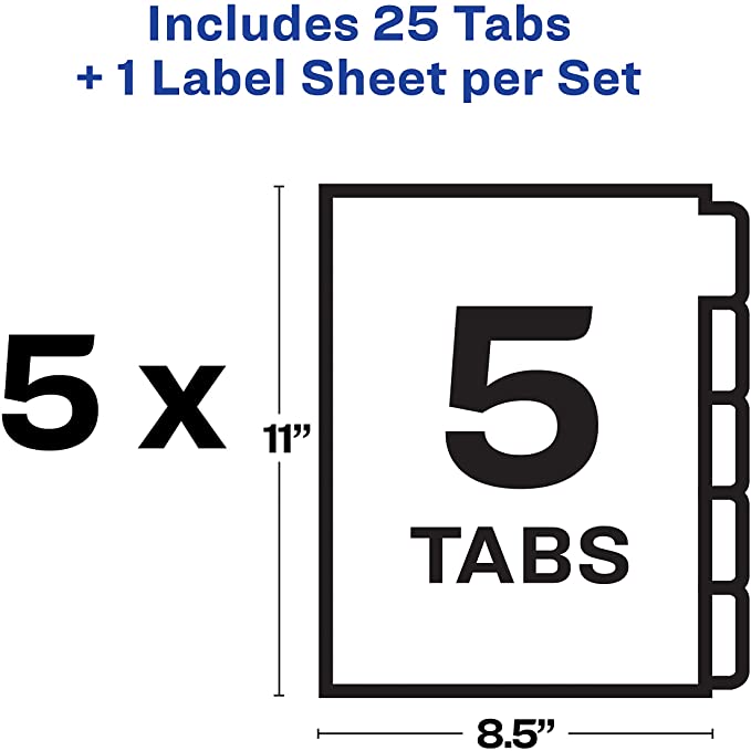 AVERY 5-Tab Unpunched Binder Dividers, Easy Print & Apply Clear Label Strip, Index Maker, White Tabs, 5 Sets (11431)