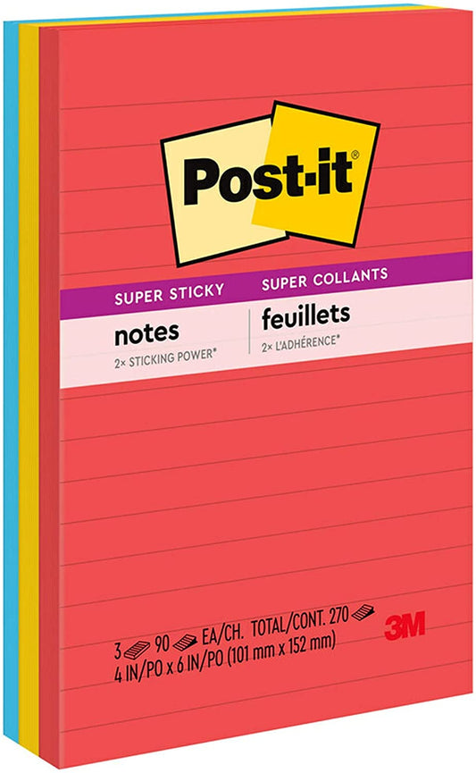 Post-it Super Sticky Notes. 4x6 in. 3 Pads. 2x the Sticking Power. Marrakesh Collection. Primary Colors (Red. Yellow. Green. Blue. Purple). Recyclable(660-3SSAN)