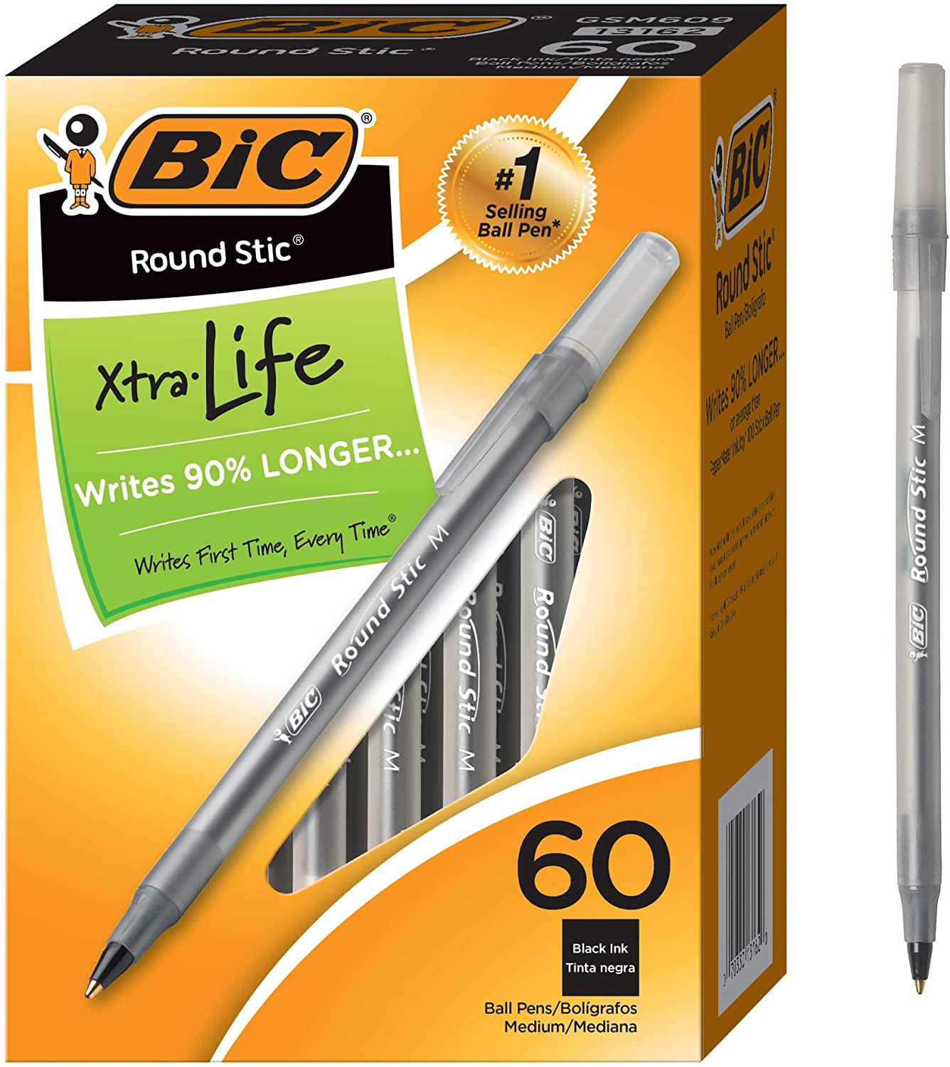BIC Round Stic Xtra Life Ballpoint Pen. Medium Point (1.0mm). Black. Flexible Round Barrel For Writing Comfort. 60-Count