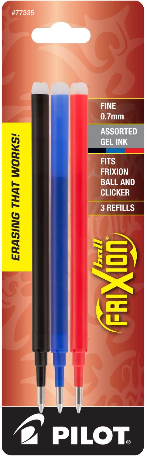 PILOT FriXion Gel Ink Refills for Erasable Pens, Fine Point, Black/Blue/Red Inks, 3-Pack (77335)