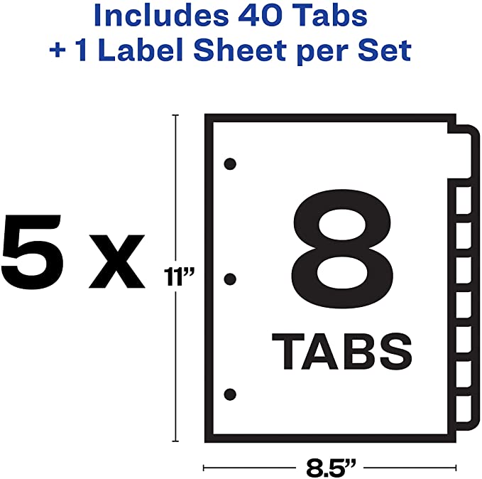 Avery 8 Big Tab Binder Dividers, Easy Print & Apply Clear Label Strip, Index Maker, White Tabs, 5 Sets (11493)